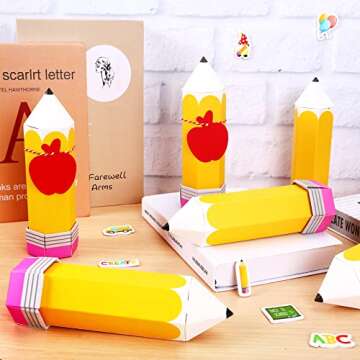 Whaline 20Pcs Back to School Pencil Treat Boxes with Apple Shape Tags and Rope Pencil Candy Boxes Thanks Teacher Gift Bags Paper Gift Container for Birthday Party Graduation Back to School Party Decor