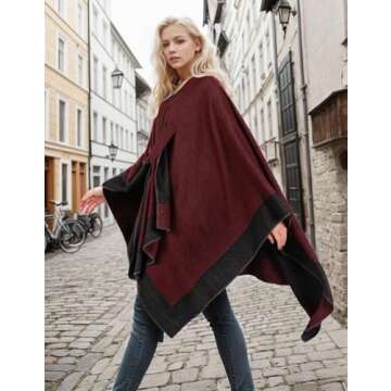 OWIF Women's Shawl Wraps Open Front Poncho Cape Oversized Sweaters Casual Cardigan Shawls for Fall Winter, Border Design-01-BlackRed-Tab
