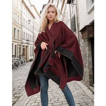 OWIF Women's Shawl Wraps Open Front Poncho Cape Oversized Sweaters Casual Cardigan Shawls for Fall Winter, Border Design-01-BlackRed-Tab