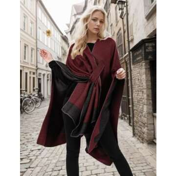 OWIF Women's Shawl Wraps Open Front Poncho Cape Oversized Sweaters Casual Cardigan Shawls for Fall Winter, Border Design-01-BlackRed-Tab