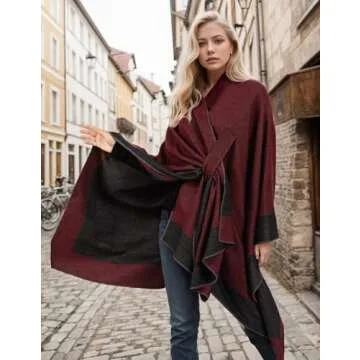 OWIF Women's Shawl Wraps Open Front Poncho Cape Oversized Sweaters Casual Cardigan Shawls for Fall Winter, Border Design-01-BlackRed-Tab