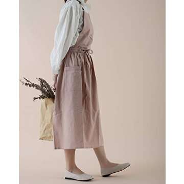 FADUOFA Cotton Linen Apron Japanese Style Waterproof Aprons With Pockets for Kitchen Cafe Flower Shop Smock (light pink)