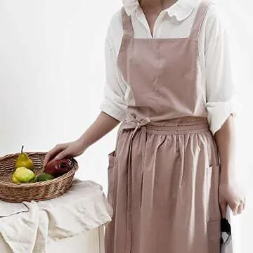 FADUOFA Cotton Linen Apron Japanese Style Waterproof Aprons With Pockets for Kitchen Cafe Flower Shop Smock (light pink)