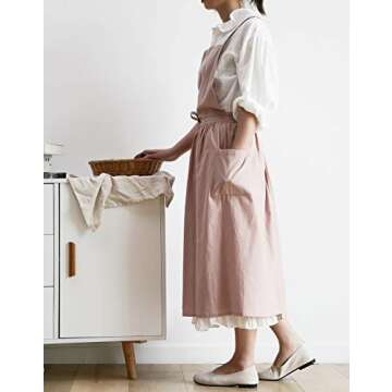 FADUOFA Cotton Linen Apron Japanese Style Waterproof Aprons With Pockets for Kitchen Cafe Flower Shop Smock (light pink)