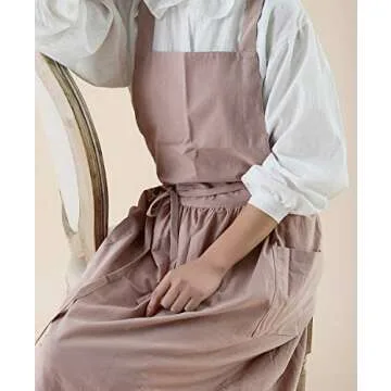FADUOFA Cotton Linen Apron Japanese Style Waterproof Aprons With Pockets for Kitchen Cafe Flower Shop Smock (light pink)