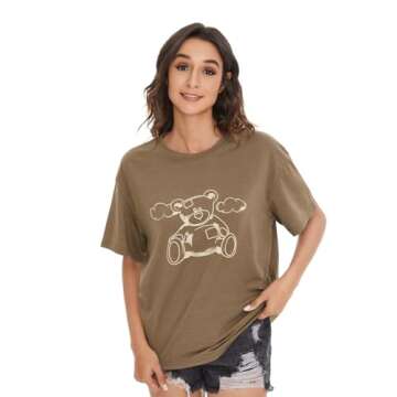 SOLY HUX Women's Graphic Tees Cute Print Short Sleeve Tee Preppy Clothes Casual Vintage Summer Oversized T Shirt Top Mocha Brown M