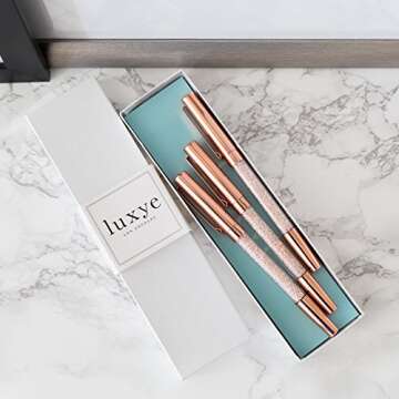Luxye Crystal Pen - 3 Pcs Rose Gold Crystal Gel Pens with Cap in Glossy White Gift Box | Rose Gold P...