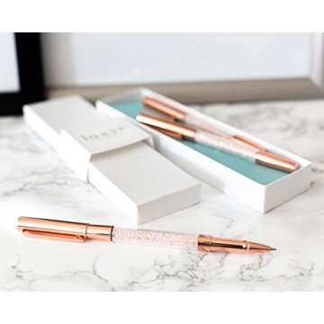 Luxye Crystal Pen - 3 Pcs Rose Gold Crystal Gel Pens with Cap in Glossy White Gift Box | Rose Gold Pen Office Supplies Gifts for Women, Bridesmaids, Birthday, Coworkers, Wedding (Rose - Black Ink)