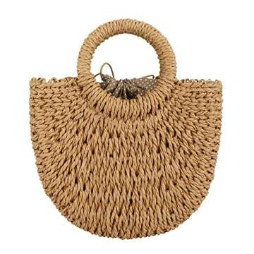 Rattan Handmade Straw Tote Handbag Beach Shoulder Bag Summer Beach Rattan Bag Straw Bag (Brown)