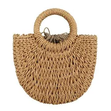 Rattan Handmade Straw Tote Handbag Beach Shoulder Bag Summer Beach Rattan Bag Straw Bag (Brown)