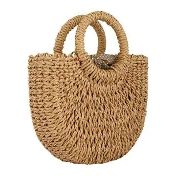 Rattan Handmade Straw Tote Handbag Beach Shoulder Bag Summer Beach Rattan Bag Straw Bag (Brown)