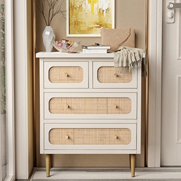 LONYKE Wicker Rattan Chest of Drawers, 4-Drawer Dresser, White Finish Wooden Storage Cabinet, Modern...