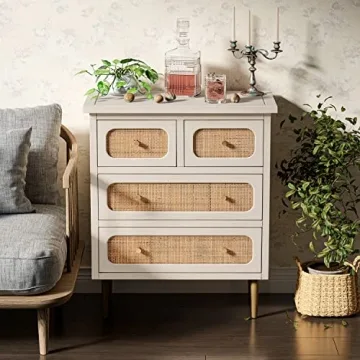 Stylish LONYKE Wicker Rattan 4-Drawer Dresser