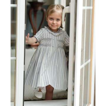 Baby Girls Short Sleeve Smocking Clothing Toddler Summer Floral Smocked Dress Vintage Dresses for Birthday Holiday (US, Age, 18 Months, Navy Stripe)
