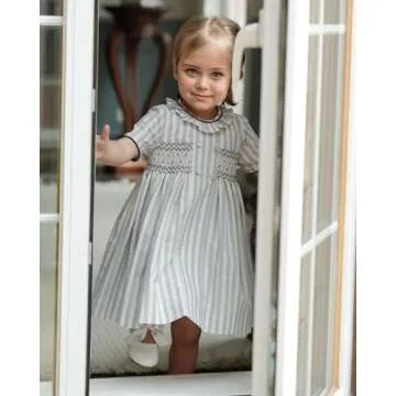 Baby Girls Short Sleeve Smocking Clothing Toddler Summer Floral Smocked Dress Vintage Dresses for Birthday Holiday (US, Age, 18 Months, Navy Stripe)