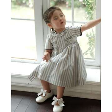 Baby Girls Short Sleeve Smocking Clothing Toddler Summer Floral Smocked Dress Vintage Dresses for Birthday Holiday (US, Age, 18 Months, Navy Stripe)