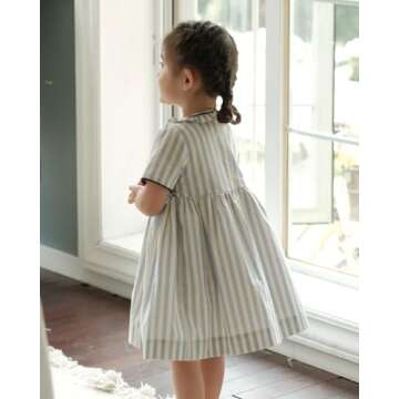 Baby Girls Short Sleeve Smocking Clothing Toddler Summer Floral Smocked Dress Vintage Dresses for Birthday Holiday (US, Age, 18 Months, Navy Stripe)