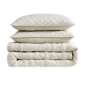 WDCOZY Beige Boho Queen Size Quilt Bedding Set with 2 Pillow Shams, Farmhouse Lightweight Soft Bedspread Coverlet for All Season, 3 Pieces, 90x90 inches