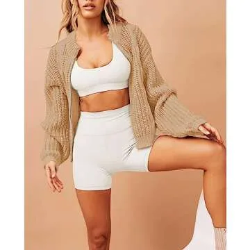 Viottiset Women's Full Zipper Oversized Cardigan Sweater Long Sleeve Chunky Knit Cardigans Jacket Coat Khaki L