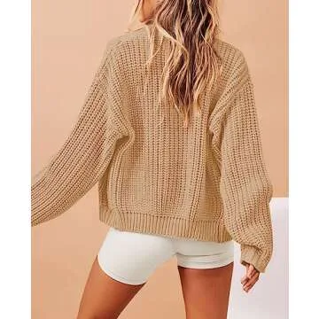 Viottiset Women's Full Zipper Oversized Cardigan Sweater Long Sleeve Chunky Knit Cardigans Jacket Coat Khaki L