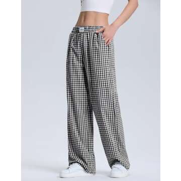 LOMON Women's Gingham Plaid Wide Leg Pants Cotton Boxers Pajama Lounge Pj Casual Trousers Y2K Flowy ...