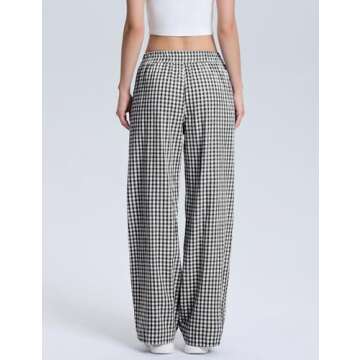 LOMON Women's Gingham Plaid Wide Leg Pants Cotton Boxers Pajama Lounge Pj Casual Trousers Y2K Flowy Bottoms with Pockets (Black White Plaid, L)