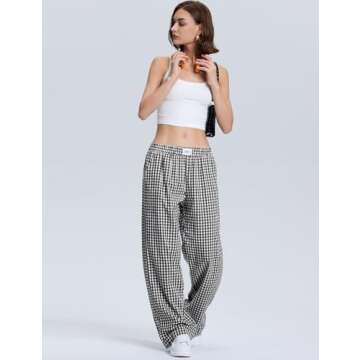 LOMON Women's Gingham Plaid Wide Leg Pants Cotton Boxers Pajama Lounge Pj Casual Trousers Y2K Flowy Bottoms with Pockets (Black White Plaid, L)