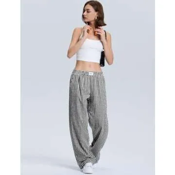 LOMON Women's Gingham Plaid Wide Leg Pants Cotton Boxers Pajama Lounge Pj Casual Trousers Y2K Flowy Bottoms with Pockets (Black White Plaid, L)