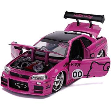 Hello Kitty 1:24 2002 Nissan Skyline GT-R (BNR34) Die-Cast Car & Hello Kitty Figure, Toys for Kids and Adults