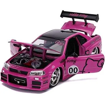 Hello Kitty 1:24 2002 Nissan Skyline GT-R (BNR34) Die-Cast Car & Hello Kitty Figure, Toys for Kids and Adults