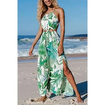 CUPSHE Women's Leafy Cutout Maxi Sleeveless Dress, L Green