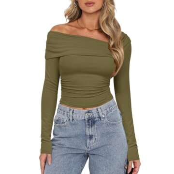 Darong Women's Off Shoulder Ruched Shirt for Fall Fashion