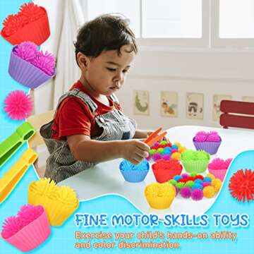 Yaomiao 90 Pcs Fine Motor Skills Counting Sorting Sensory Bin Filler Toy Set Matching Game Include 72 Hedge Ball 4 Tweezer 2 Scissor Clip 12 Sorting Cup for Preschool Early Education Train Development