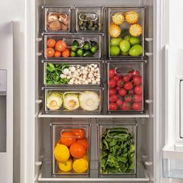 MineSign 9 Pack Stackable Fridge Organizer Drawer Pull-Out Bins with Handles Large Clear Food Container with Removable Dividers Refrigerator Storage box Divided Produce Saver for Pantry Kitchen