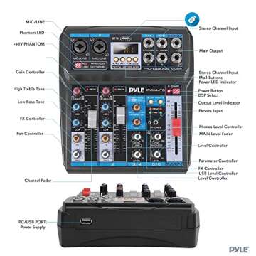 Pyle Professional Wireless DJ Audio Mixer - 6-Channel Bluetooth Compatible DJ Controller Sound Mixer w/ DSP Effects, USB Audio Interface, Dual RCA In, XLR/1/4" Microphone In, Headphone Jack- PMX44T.5