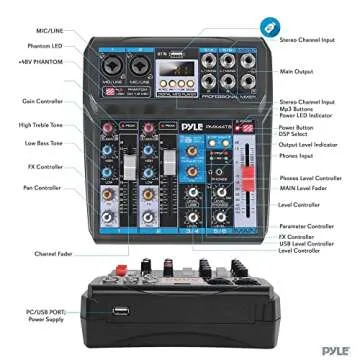 Pyle Professional Wireless DJ Audio Mixer - 6-Channel Bluetooth Compatible DJ Controller Sound Mixer w/ DSP Effects, USB Audio Interface, Dual RCA In, XLR/1/4" Microphone In, Headphone Jack- PMX44T.5
