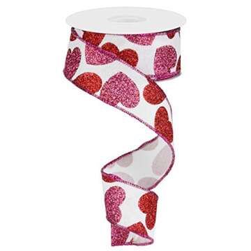 Craig Bachman 1.5" Bold Glitter Hearts Royal Ribbon: White (10 Yards) Valentine Craft Floral Arrange...