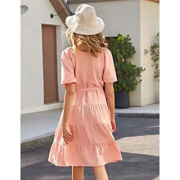 GRACE KARIN Womens Summer Casual Short Sleeve Dresses Ruffle Tunic Shirt Dress Pocket Peach Pink M