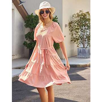 GRACE KARIN Womens Summer Casual Short Sleeve Dresses Ruffle Tunic Shirt Dress Pocket Peach Pink M