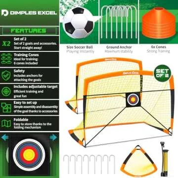 Dimples Excel Portable Soccer Goal Set (7x5FT/5x3.6FT/4x3FT/3x2.2FT) - 8/10mm Fiberglass Frame with 420D Oxford Net, Weatherproof Backyard/Beach Training Gear for Youth & Adults