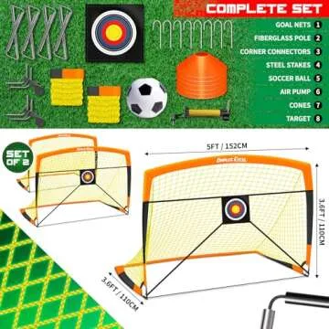 Dimples Excel Portable Soccer Goal Set (7x5FT/5x3.6FT/4x3FT/3x2.2FT) - 8/10mm Fiberglass Frame with 420D Oxford Net, Weatherproof Backyard/Beach Training Gear for Youth & Adults