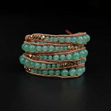 Globi Natural Stone Wrap Bracelet For Women/Men | Adjustable Multilayer Genuine Leather Boho Handmade Beaded Bracelet (Green Aventurine)