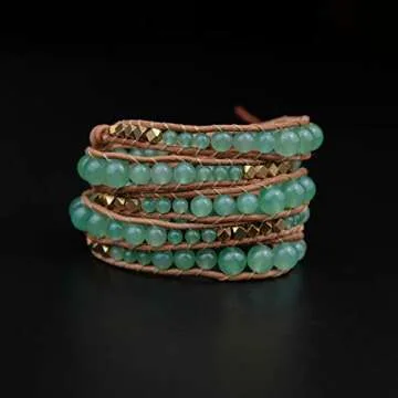 Globi Natural Stone Wrap Bracelet For Women/Men | Adjustable Multilayer Genuine Leather Boho Handmade Beaded Bracelet (Green Aventurine)