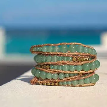Globi Natural Stone Wrap Bracelet For Women/Men | Adjustable Multilayer Genuine Leather Boho Handmade Beaded Bracelet (Green Aventurine)