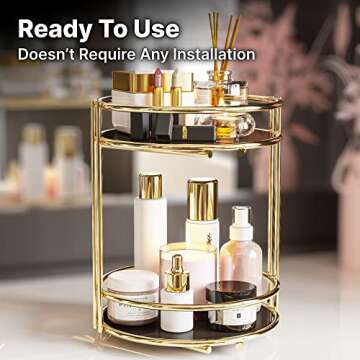 BENOLDY, 2 Tier Gold Metal Countertop Organizer - Multipurpose Storage Stand for Bathroom, Vanity Makeup Tray and Kitchen Spice Rack