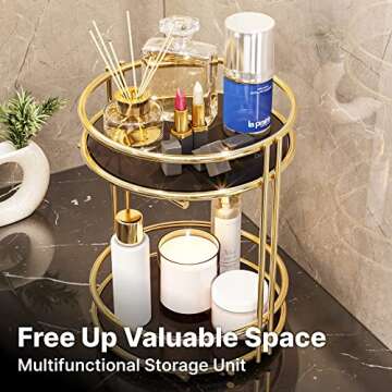 BENOLDY, 2 Tier Gold Metal Countertop Organizer - Multipurpose Storage Stand for Bathroom, Vanity Makeup Tray and Kitchen Spice Rack