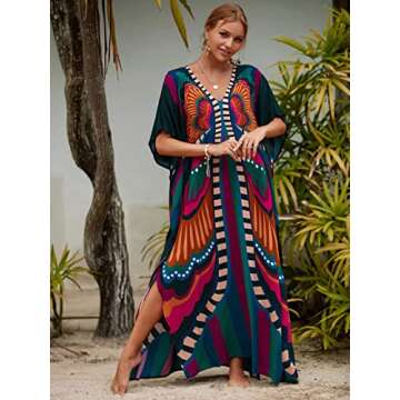 Butterfly Print Caftan Dresses Blackish Green Swimsuit Cover ups Batwing Sleeve Boho Maxi Dress Side...
