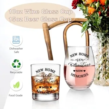 ONEHAUS New Home New Adventures Wine and Whiskey Glass Gift Set - Unique Housewarming Gift for New Homeowners - New Home Gift Ideas for Women and Men