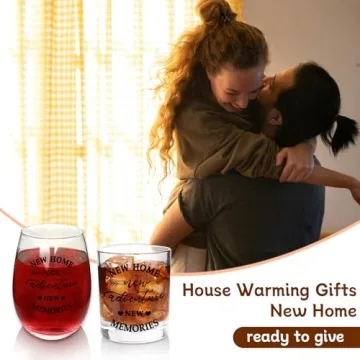ONEHAUS New Home New Adventures Wine and Whiskey Glass Gift Set - Unique Housewarming Gift for New Homeowners - New Home Gift Ideas for Women and Men