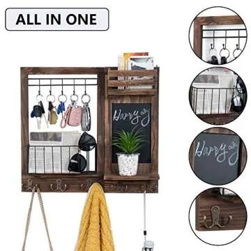 Dhmkfly Key Holder for Wall, Mail Organizer Wall Mount with 5 Hooks and Shelf, Home Decorative with 5 Double Hooks and Chalkboard for Home Coat/Letter/Dog Leash/Entryway/Hallway/Living Room Decor